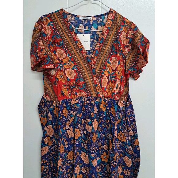 Womens Bohemia Side Split V Neck Ruffles Short Sleeves Maxi Dress with Belt Sz M - Picture 14 of 16